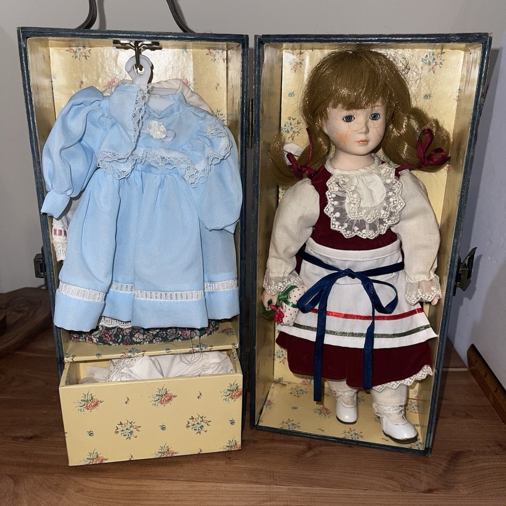 Vintage PORCELAIN DOLL & CHANGE OF CLOTHES Outfits IN WOOD CLOSET BOX 12.5" H